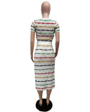 Colorful Stripe Knit Slit Skirts Two Piece Set QXTF-8209