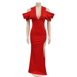 Solid V Neck Pleated Slit Maxi Dress BY-C6637
