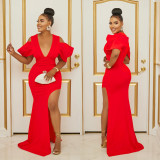 Solid V Neck Pleated Slit Maxi Dress BY-C6637