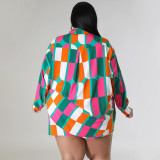 Plus Size Print Long Sleeve Shirt Two Piece Shorts Set NNWF-7885