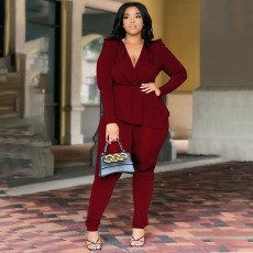Plus Size Solid Deep V Neck Two Piece Pants Set NNWF-N7916