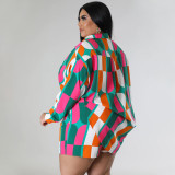 Plus Size Print Long Sleeve Shirt Two Piece Shorts Set NNWF-7885