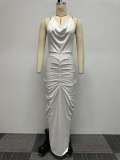 Solid Color Halter Pleated Backless Maxi Dress NY-10586