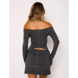 Solid Color One Shoulder Long Sleeve Skirt Suit ASL-6692