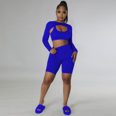 Casual Solid Color Long Sleeve Sport 3 Piece Shorts Set TE-4634