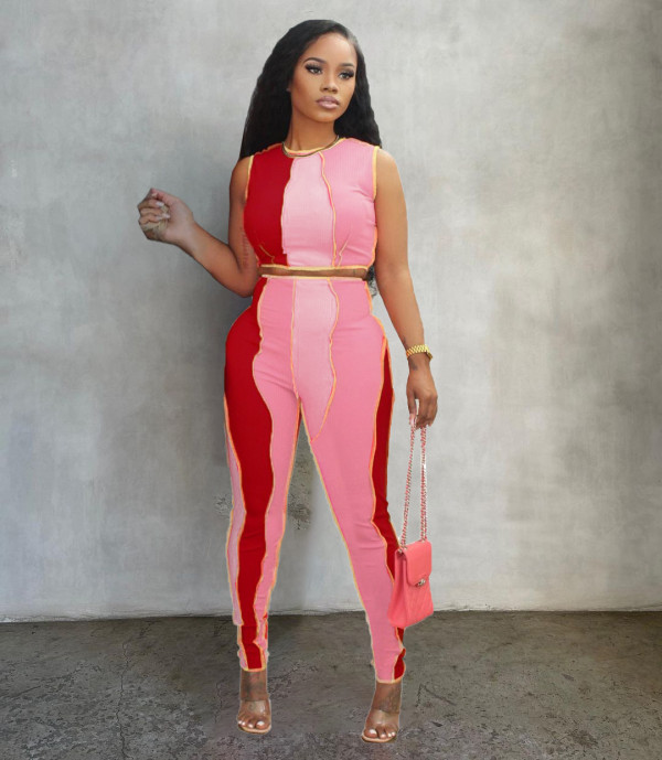 Contrast Color Patchwork Sleeveless Two Piece Pants Set XYF-XY9082