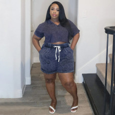 Plus Size Print Short Sleeve Tie Up Two Piece Shorts Set NNWF-7895