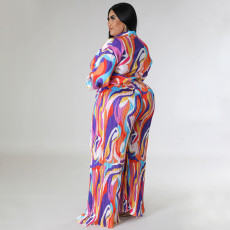 Plus Size Print Deep V Neck Tie Up Two Piece Pants Set NNWF-N7918