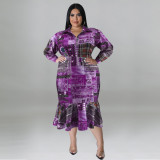 Plus Size Print Lapel Neck Midi Dress GDAM-218300