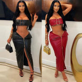 Plus Size Sexy Leather Metal Button Zipper Skirt Two Piece Set NY-2832