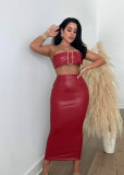 Plus Size Sexy Leather Metal Button Zipper Skirt Two Piece Set NY-2832