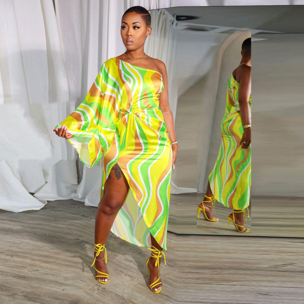 Plus Size Printed Irregular Slant Shoulder Split Maxi Dress NY-10598