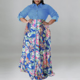 Plus Size Fashion Print Patchwork Long Sleeve Maxi Dress GDAM-218310