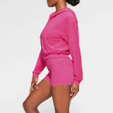 Solid Color Hooded Long Sleeve Two Piece Shorts Set YD-8774