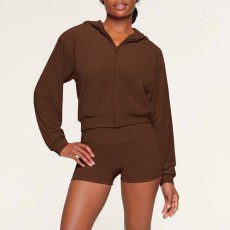 Solid Color Hooded Long Sleeve Two Piece Shorts Set YD-8774