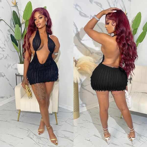 Sexy Solid Hollow Out Backless Mini  Dress BY-6670
