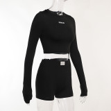 Knit Crew Neck Long Sleeve Shorts Two Piece Set FL-22411