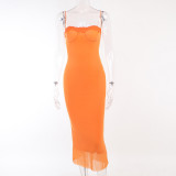 Solid Color Lace Sling Midi Dress FL-23424