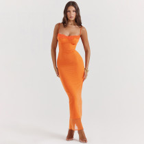 Solid Color Lace Sling Midi Dress FL-23424