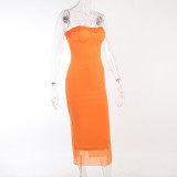 Solid Color Lace Sling Midi Dress FL-23424