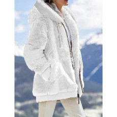 Plus Size Fashion Loose Plush Zipper Hooded Coat GOFY-9910
