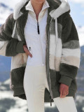 Plus Size Warm Plush Patchwork Zipper Hooded Loose Jacket GOFY-80160