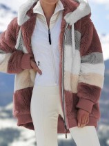 Plus Size Warm Plush Patchwork Zipper Hooded Loose Jacket GOFY-80160