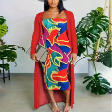 Plus Size Solid Long Coat And Print Tube Tops Dress Two Piece Set XHSY-19838