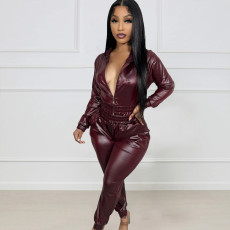 Sexy PU Leather Long Sleeve Casual Two Piece Pants Set NYF-8149
