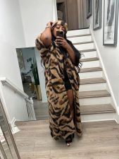 Casual Leopard Print Knits Short Sleeve Long Coat(With Headscarf) TR-1278
