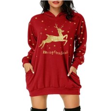 Plus Size Christmas Printed Mid-Length Hooded Sweatshirt GOFY-8868