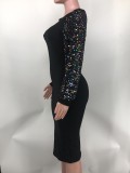 Sequin Sleeve Patchwork Midi Dress XMY-9460
