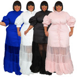 Plus Size Mesh Patchwork Short Sleeve Maxi Dress NNWF-7937