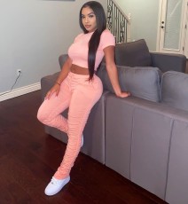 Solid Color Short Sleeve Pleated Pants Sport 2 Piece Set TE-4639
