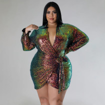 Plus Size Sexy Sequin Tie Up Nightclub Dress NNWF-7938