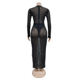 Mesh See Through Long Sleeve Hot Drill Maxi Dress BY-6505