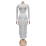 Mesh See Through Long Sleeve Hot Drill Maxi Dress BY-6505