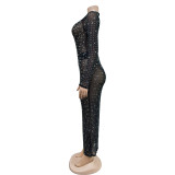 Mesh See Through Long Sleeve Hot Drill Maxi Dress BY-6505