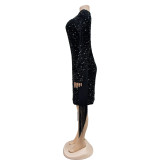 Solid Color Sequin Tassel Long Sleeve Mini Dress BY-6611