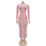 Mesh See Through Long Sleeve Hot Drill Maxi Dress BY-6505