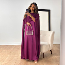 Solid Color Tulle Satin Raglan Sleeve Maxi Dress LS-0400