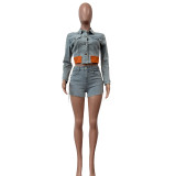 Denim Patchwork Long Sleeve Jacket And Shorts Two Piece Set MEM-88520