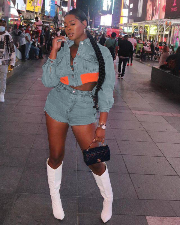 Denim Patchwork Long Sleeve Jacket And Shorts Two Piece Set MEM-88520