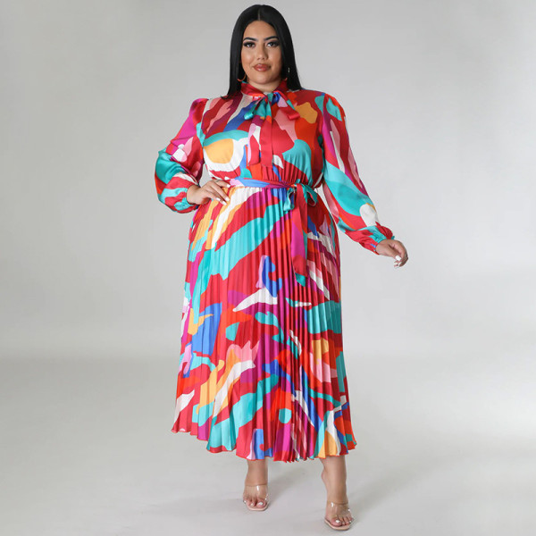 Plus Size Print Tie Up Pleated Maxi Dress NNWF-N7919