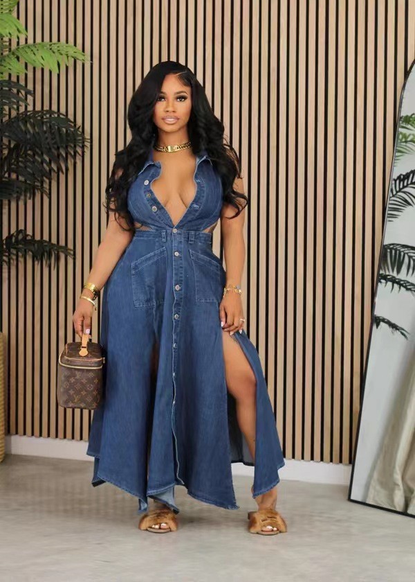 Plus Size Sexy Sleeveless Loose Denim Split Maxi Dress WAF-77635