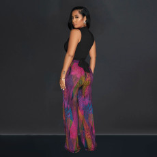 Colorful Printed V-Neck Sleeveless Pants Two Piece Set BY-6708