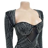 Solid Mesh Hot Drill Long Sleeve Mini Dress BY-6706