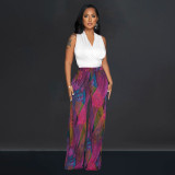 Colorful Printed V-Neck Sleeveless Pants Two Piece Set BY-6708