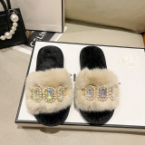Pearl Rhinestone Chain Fuzzy Warm Cotton Slippers ZFLX-FL-77