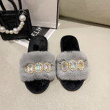Pearl Rhinestone Chain Fuzzy Warm Cotton Slippers ZFLX-FL-77